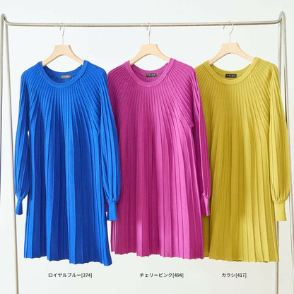 【L〜LL】プリーツ編みニットチュニックワンピース｜縦リブですっきり体型カバー・長袖・TRUBE・N12-919