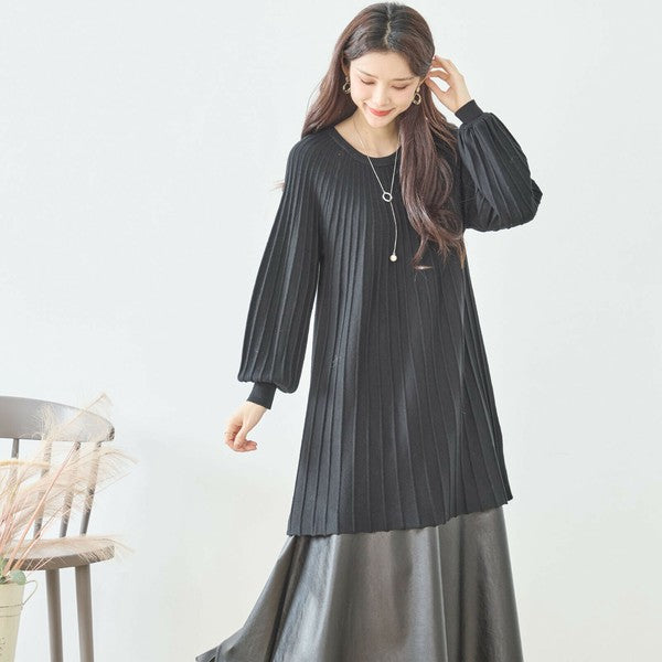 【L〜LL】プリーツ編みニットチュニックワンピース｜縦リブですっきり体型カバー・長袖・TRUBE・N12-919