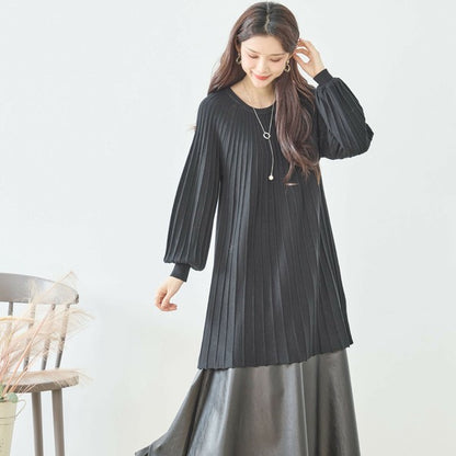 【L〜LL】プリーツ編みニットチュニックワンピース｜縦リブですっきり体型カバー・長袖・TRUBE・N12-919