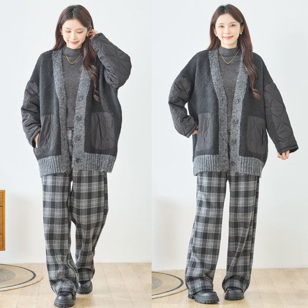 【L〜LL】キルト袖×モコモコ異素材コンビカーディガン｜体型カバー・暖かい・軽量アウター・TRUBE・N25-313