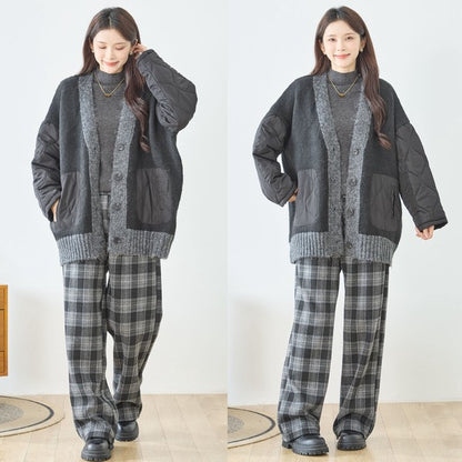 【L〜LL】キルト袖×モコモコ異素材コンビカーディガン｜体型カバー・暖かい・軽量アウター・TRUBE・N25-313