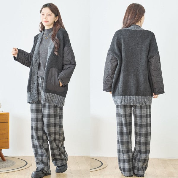 【L〜LL】キルト袖×モコモコ異素材コンビカーディガン｜体型カバー・暖かい・軽量アウター・TRUBE・N25-313