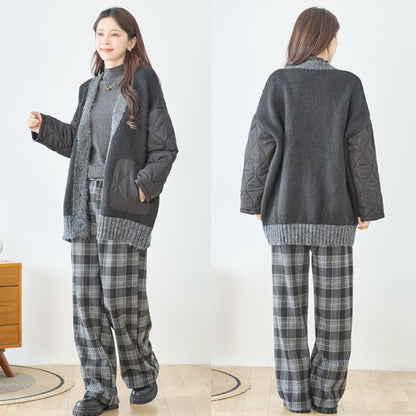 【L〜LL】キルト袖×モコモコ異素材コンビカーディガン｜体型カバー・暖かい・軽量アウター・TRUBE・N25-313