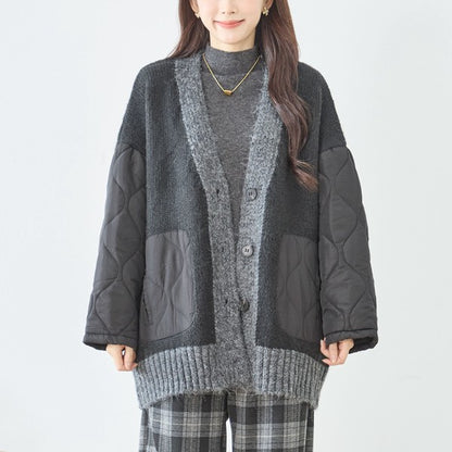 【L〜LL】キルト袖×モコモコ異素材コンビカーディガン｜体型カバー・暖かい・軽量アウター・TRUBE・N25-313