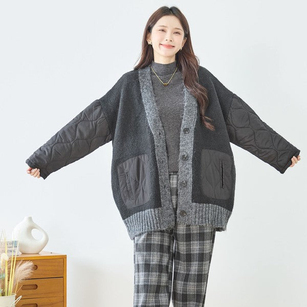 【L〜LL】キルト袖×モコモコ異素材コンビカーディガン｜体型カバー・暖かい・軽量アウター・TRUBE・N25-313