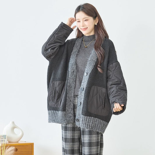 【L〜LL】キルト袖×モコモコ異素材コンビカーディガン｜体型カバー・暖かい・軽量アウター・TRUBE・N25-313