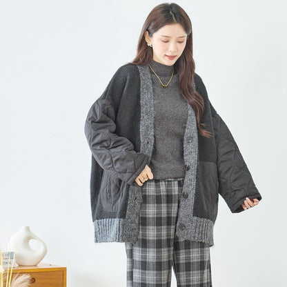 【L〜LL】キルト袖×モコモコ異素材コンビカーディガン｜体型カバー・暖かい・軽量アウター・TRUBE・N25-313