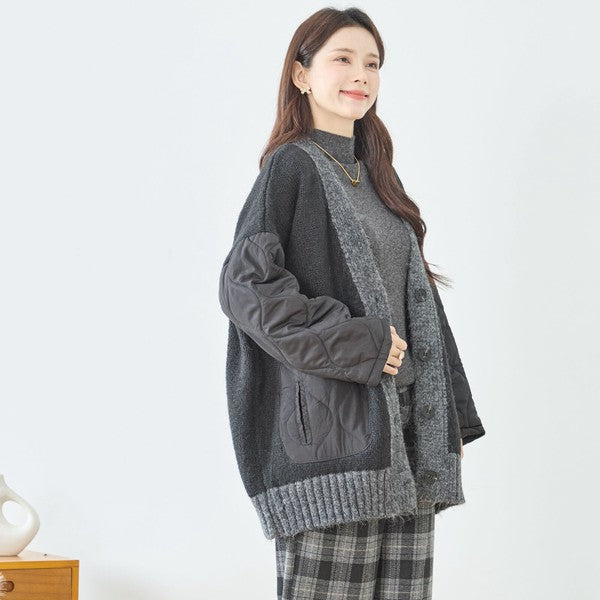 【L〜LL】キルト袖×モコモコ異素材コンビカーディガン｜体型カバー・暖かい・軽量アウター・TRUBE・N25-313