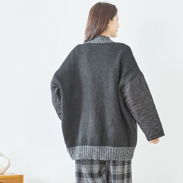 【L〜LL】キルト袖×モコモコ異素材コンビカーディガン｜体型カバー・暖かい・軽量アウター・TRUBE・N25-313