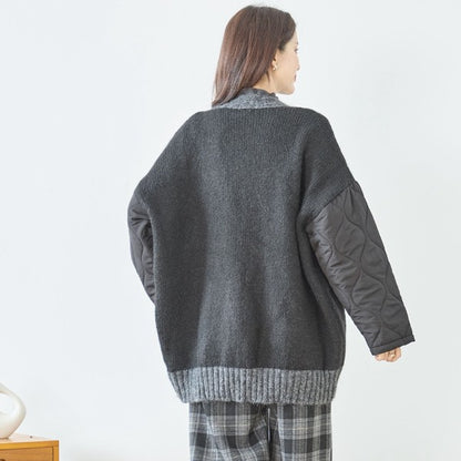 【L〜LL】キルト袖×モコモコ異素材コンビカーディガン｜体型カバー・暖かい・軽量アウター・TRUBE・N25-313