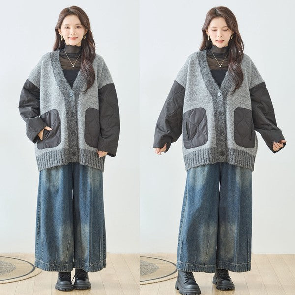 【L〜LL】キルト袖×モコモコ異素材コンビカーディガン｜体型カバー・暖かい・軽量アウター・TRUBE・N25-313