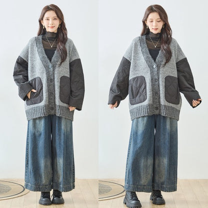 【L〜LL】キルト袖×モコモコ異素材コンビカーディガン｜体型カバー・暖かい・軽量アウター・TRUBE・N25-313