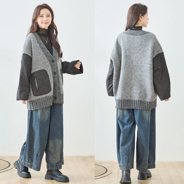 【L〜LL】キルト袖×モコモコ異素材コンビカーディガン｜体型カバー・暖かい・軽量アウター・TRUBE・N25-313