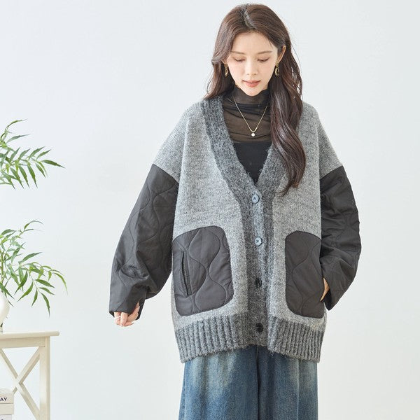 【L〜LL】キルト袖×モコモコ異素材コンビカーディガン｜体型カバー・暖かい・軽量アウター・TRUBE・N25-313