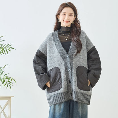 【L〜LL】キルト袖×モコモコ異素材コンビカーディガン｜体型カバー・暖かい・軽量アウター・TRUBE・N25-313