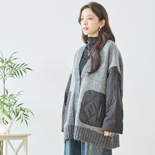 【L〜LL】キルト袖×モコモコ異素材コンビカーディガン｜体型カバー・暖かい・軽量アウター・TRUBE・N25-313