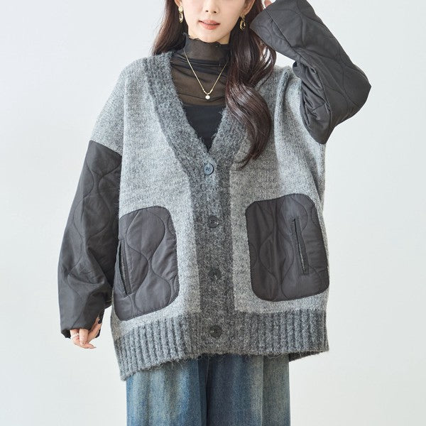 【L〜LL】キルト袖×モコモコ異素材コンビカーディガン｜体型カバー・暖かい・軽量アウター・TRUBE・N25-313