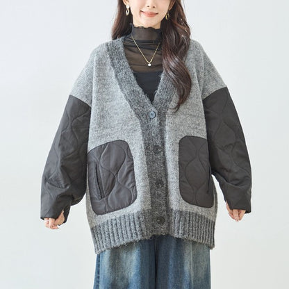 【L〜LL】キルト袖×モコモコ異素材コンビカーディガン｜体型カバー・暖かい・軽量アウター・TRUBE・N25-313