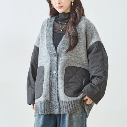 【L〜LL】キルト袖×モコモコ異素材コンビカーディガン｜体型カバー・暖かい・軽量アウター・TRUBE・N25-313