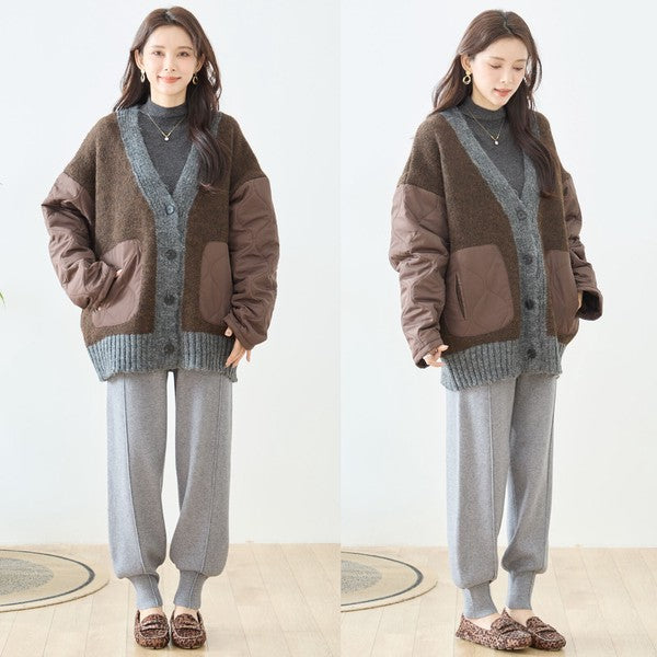 【L〜LL】キルト袖×モコモコ異素材コンビカーディガン｜体型カバー・暖かい・軽量アウター・TRUBE・N25-313