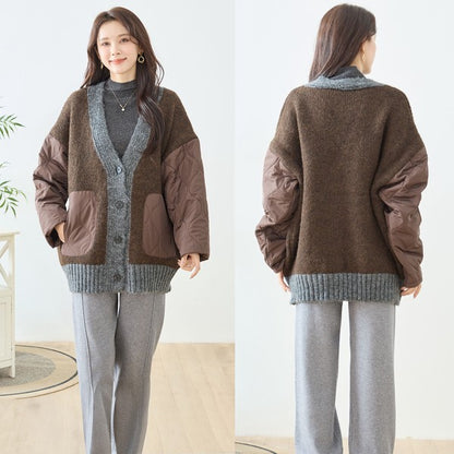 【L〜LL】キルト袖×モコモコ異素材コンビカーディガン｜体型カバー・暖かい・軽量アウター・TRUBE・N25-313