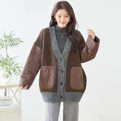 【L〜LL】キルト袖×モコモコ異素材コンビカーディガン｜体型カバー・暖かい・軽量アウター・TRUBE・N25-313