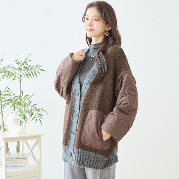 【L〜LL】キルト袖×モコモコ異素材コンビカーディガン｜体型カバー・暖かい・軽量アウター・TRUBE・N25-313