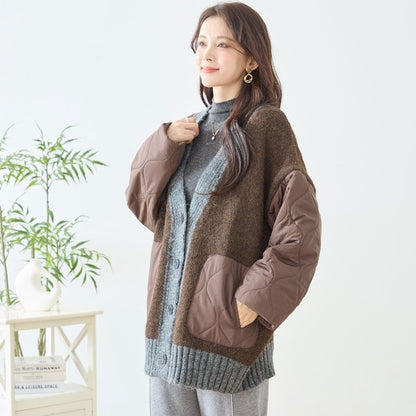 【L〜LL】キルト袖×モコモコ異素材コンビカーディガン｜体型カバー・暖かい・軽量アウター・TRUBE・N25-313