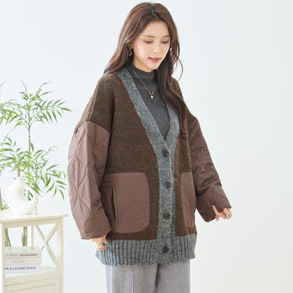 【L〜LL】キルト袖×モコモコ異素材コンビカーディガン｜体型カバー・暖かい・軽量アウター・TRUBE・N25-313