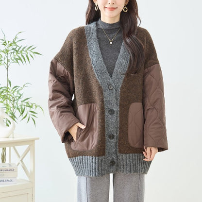 【L〜LL】キルト袖×モコモコ異素材コンビカーディガン｜体型カバー・暖かい・軽量アウター・TRUBE・N25-313