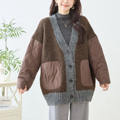 【L〜LL】キルト袖×モコモコ異素材コンビカーディガン｜体型カバー・暖かい・軽量アウター・TRUBE・N25-313