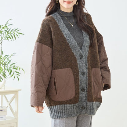 【L〜LL】キルト袖×モコモコ異素材コンビカーディガン｜体型カバー・暖かい・軽量アウター・TRUBE・N25-313