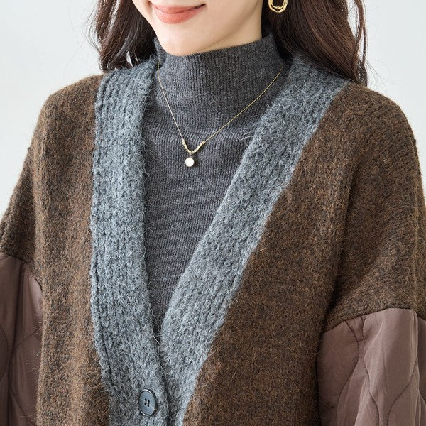 【L〜LL】キルト袖×モコモコ異素材コンビカーディガン｜体型カバー・暖かい・軽量アウター・TRUBE・N25-313