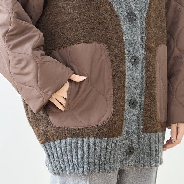 【L〜LL】キルト袖×モコモコ異素材コンビカーディガン｜体型カバー・暖かい・軽量アウター・TRUBE・N25-313