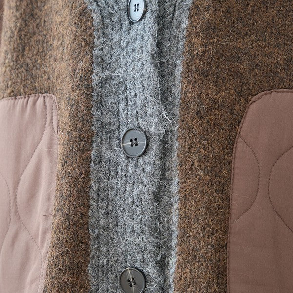 【L〜LL】キルト袖×モコモコ異素材コンビカーディガン｜体型カバー・暖かい・軽量アウター・TRUBE・N25-313