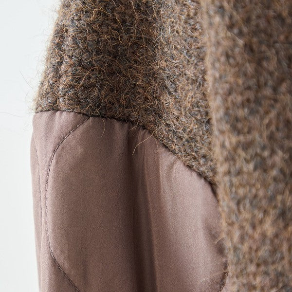 【L〜LL】キルト袖×モコモコ異素材コンビカーディガン｜体型カバー・暖かい・軽量アウター・TRUBE・N25-313