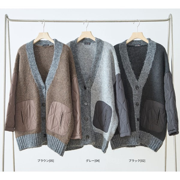 【L〜LL】キルト袖×モコモコ異素材コンビカーディガン｜体型カバー・暖かい・軽量アウター・TRUBE・N25-313