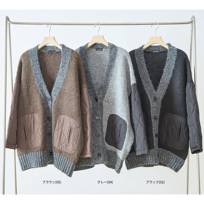 【L〜LL】キルト袖×モコモコ異素材コンビカーディガン｜体型カバー・暖かい・軽量アウター・TRUBE・N25-313