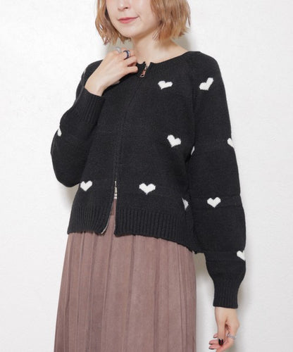 【フリー】ハート柄ダブルジップニットカーディガン｜大人可愛い・着映え・chouchou・14079646