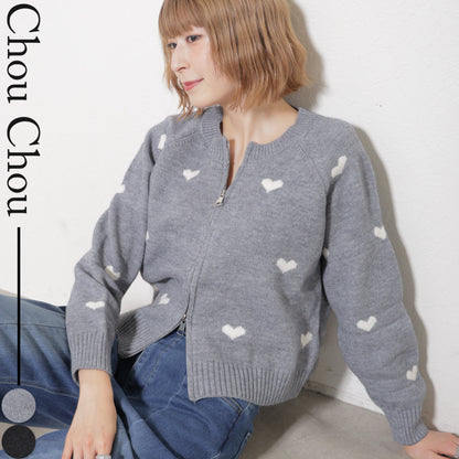【フリー】ハート柄ダブルジップニットカーディガン｜大人可愛い・着映え・chouchou・14079646