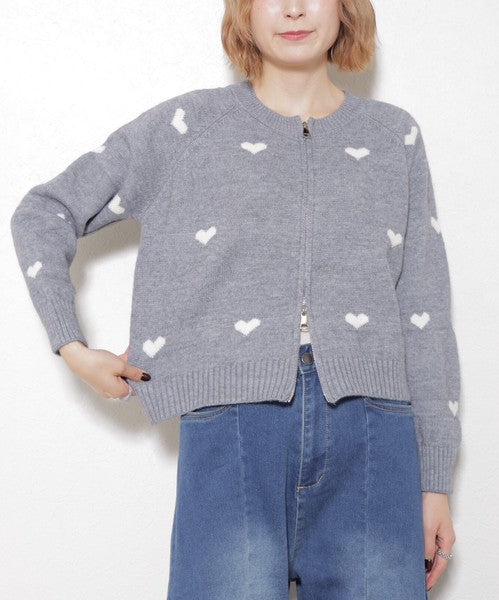 【フリー】ハート柄ダブルジップニットカーディガン｜大人可愛い・着映え・chouchou・14079646