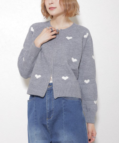 【フリー】ハート柄ダブルジップニットカーディガン｜大人可愛い・着映え・chouchou・14079646