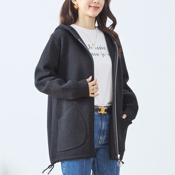 【M〜L】フード付きバックデザインニットブルゾン｜体型カバー・あったか・大人カジュアル・TRUBE・N25-163A