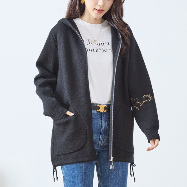 【M〜L】フード付きバックデザインニットブルゾン｜体型カバー・あったか・大人カジュアル・TRUBE・N25-163A