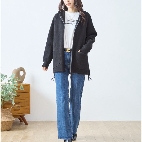 【M〜L】フード付きバックデザインニットブルゾン｜体型カバー・あったか・大人カジュアル・TRUBE・N25-163A