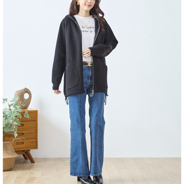 【M〜L】フード付きバックデザインニットブルゾン｜体型カバー・あったか・大人カジュアル・TRUBE・N25-163A