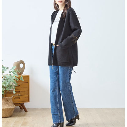 【M〜L】フード付きバックデザインニットブルゾン｜体型カバー・あったか・大人カジュアル・TRUBE・N25-163A