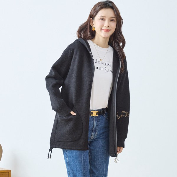 【M〜L】フード付きバックデザインニットブルゾン｜体型カバー・あったか・大人カジュアル・TRUBE・N25-163A