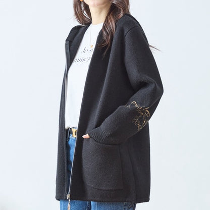 【M〜L】フード付きバックデザインニットブルゾン｜体型カバー・あったか・大人カジュアル・TRUBE・N25-163A