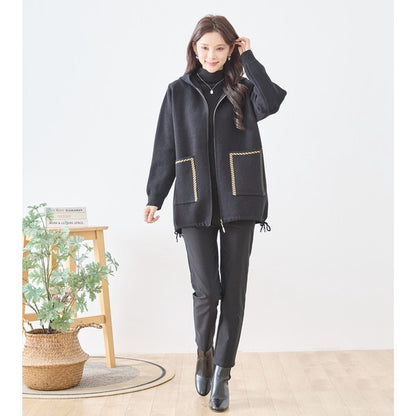 【M〜L】異素材パッチワークフーディカーディガン｜軽量あったか・大人カジュアル・TRUBE・N25-161A